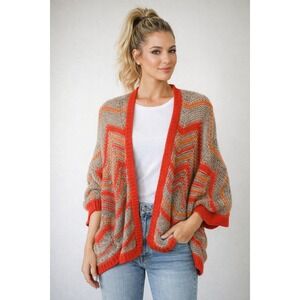 Ann Taylor LOFT Chevron Knit Open Front Cardigan Sweater Taupe Orange Medium
